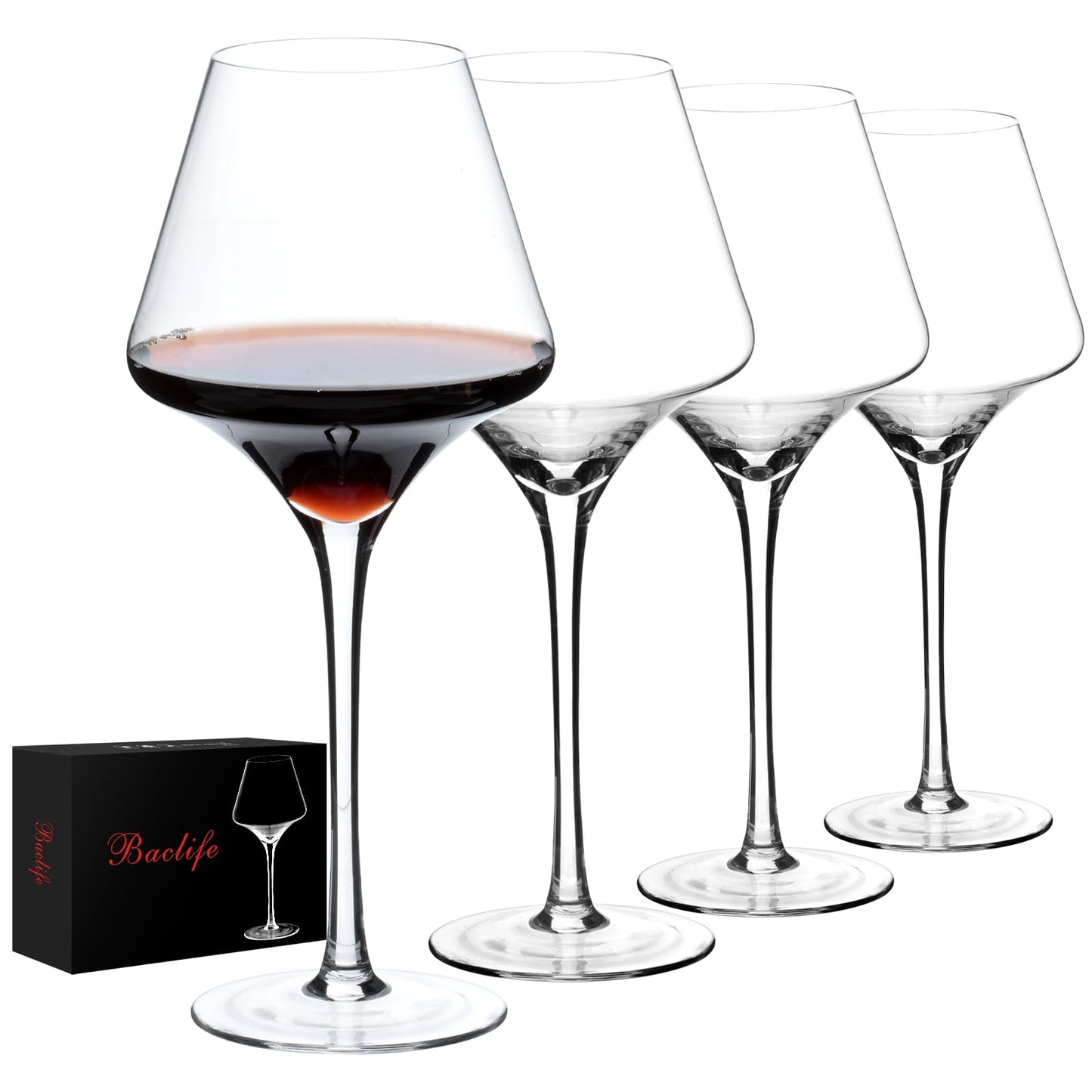 BACLIFE Red Wine Glasses Set of 4 – 17.5oz Premium Crystal Wine Glass With Long Stem – Hand Blown Burgundy Wine Glasses – Unique Gift for Wedding, Anniversary, Christmas