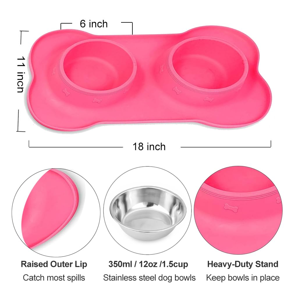 AsFrost Dog Food Bowls Stainless Steel Pet Bowls & Dog Water Bowls & Cat Bowls for Food and Water No-Spill Non-Skid Silicone Mat, Feeding Bowls with Dog Bowl Mat for Dogs Cat Dood Dish, Pink, 12oz