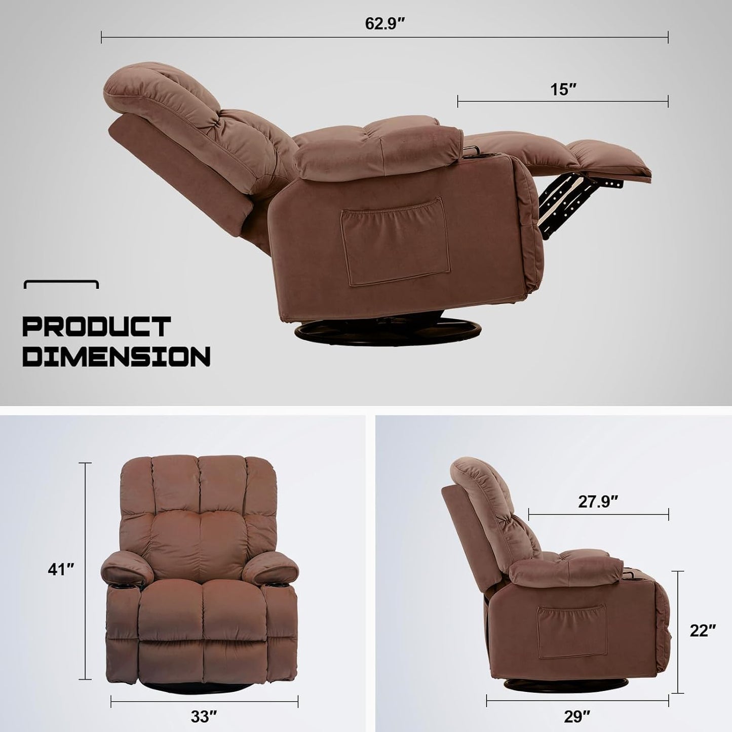 COMHOMA Recliner Chair, Swivel Rocker Recliner with Cup Holders, Heat and Massage, Fabric Recliners Sofa for Living Room (Brown)