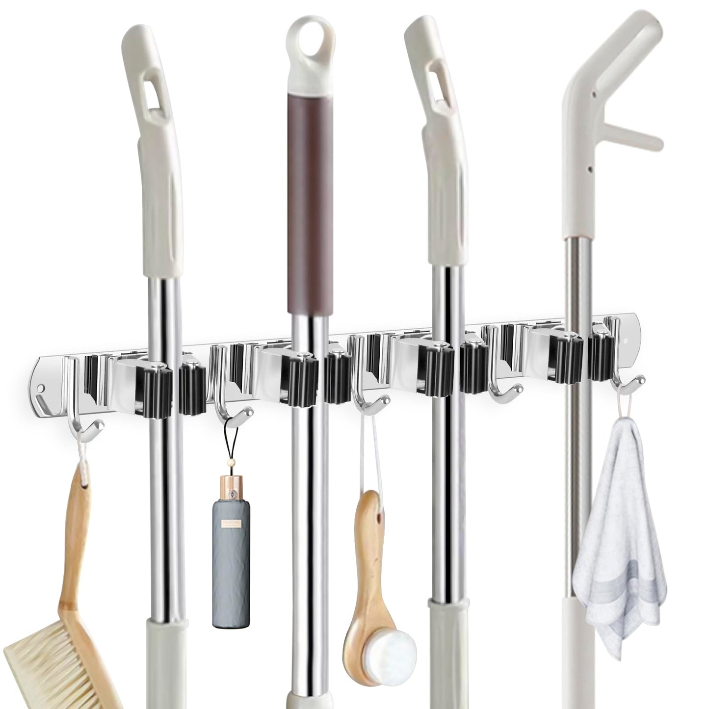 IMILLET 2 Pack Wall Mount Broom Holder Stainless Steel 5 Racks with 4 Hooks Broom Organizer Self Adhesive Heavy Duty Laundry Room, Garage Organization Storage