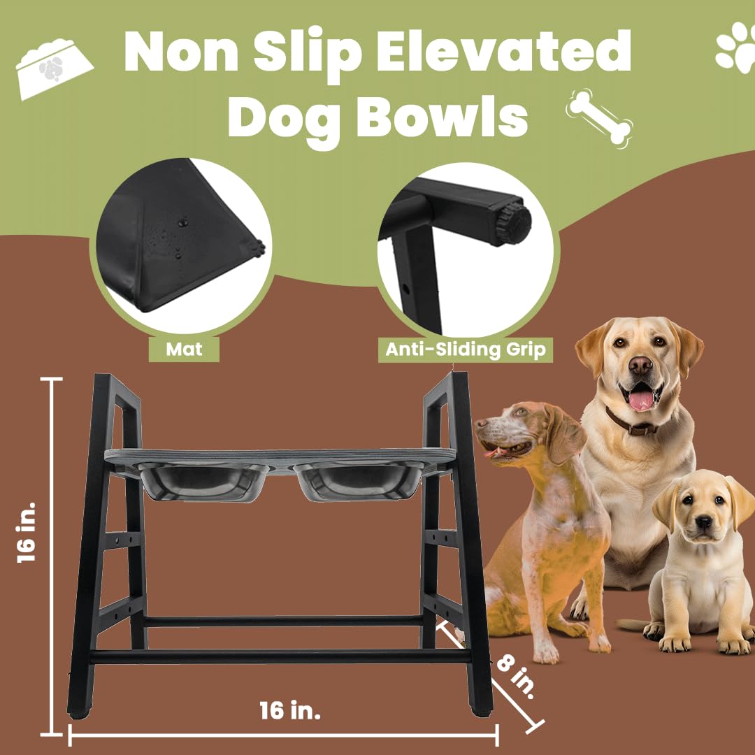 Elevated and Raised Dog Bowl Stand with 2 Stainless Steel Bowls Included- 3 Height Adjustable Dog Food Stand - Multi Slow Feeder Bowls Included