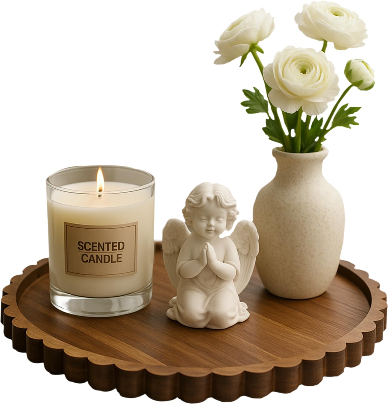 Prylenza 11.8 Inch Round Acacia Wood Decorative Tray for Coffee Table - Unique Scalloped Edge Design, Ideal Wooden Centerpiece Trays for Kitchen, Dining Room, Living Room and Home Decor