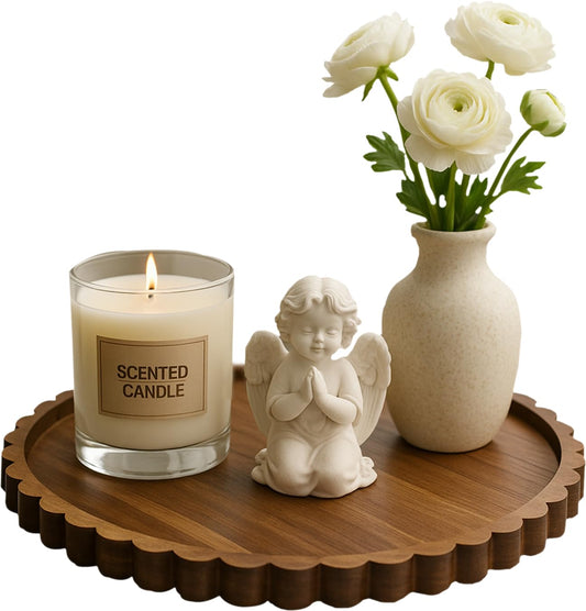 Prylenza 11.8 Inch Round Acacia Wood Decorative Tray for Coffee Table - Unique Scalloped Edge Design, Ideal Wooden Centerpiece Trays for Kitchen, Dining Room, Living Room and Home Decor