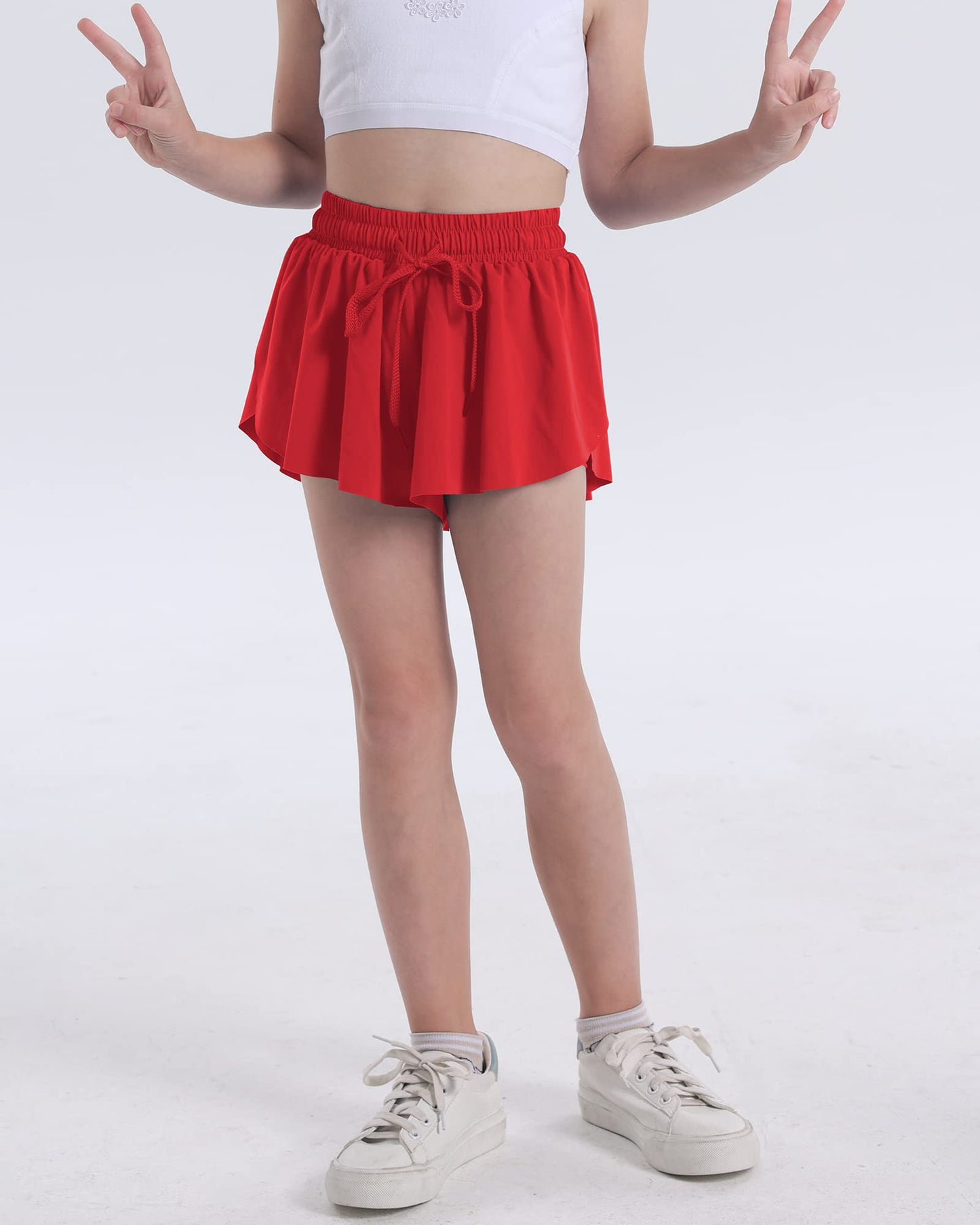 KEREDA Girls Flowy Shorts,Butterfly Shorts for Teen Girls with Spandex Liner 2-in-1 for Running,Gym,Athletic,Workout 1 Pack 11-12Y (Red)