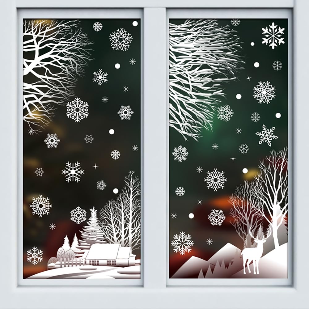 2 Sheets Christmas Window Clings - Xmas Tree Branch, Elk, Snowflake Stickers for Window Decorations, Home Office Party Decor