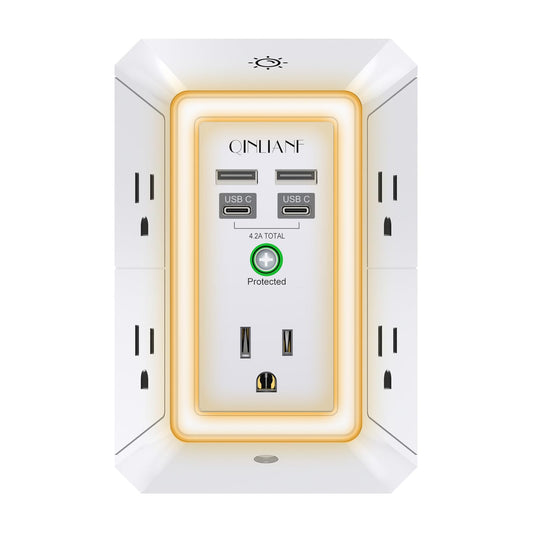 Wall Charger, Surge Protector, QINLIANF 5 Outlet Extender with 4 USB Charging Ports (4.8A Total) 3-Sided 1680J Power Strip Multi Plug Adapter Spaced for Home Travel Office (3U1C)