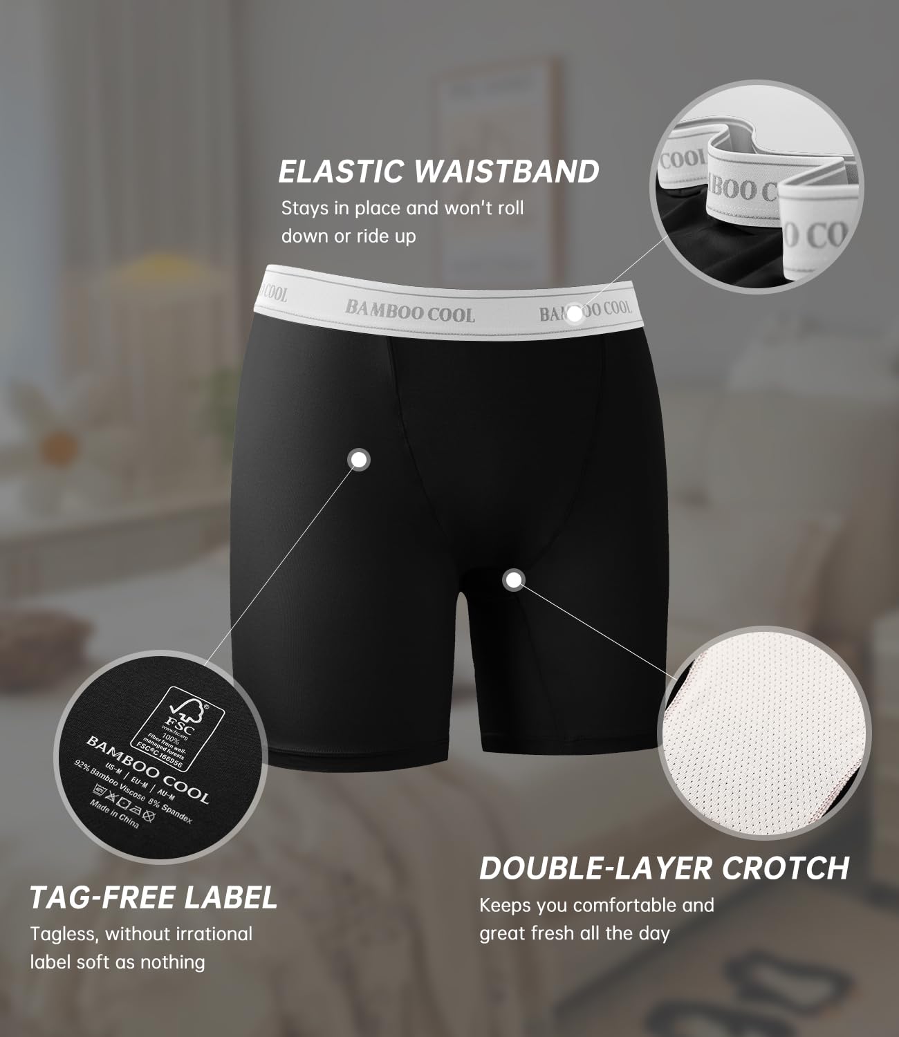 BAMBOO COOL Womens Boxer Briefs Boy Shorts Soft Stretch Panties for Women, 5-Pack