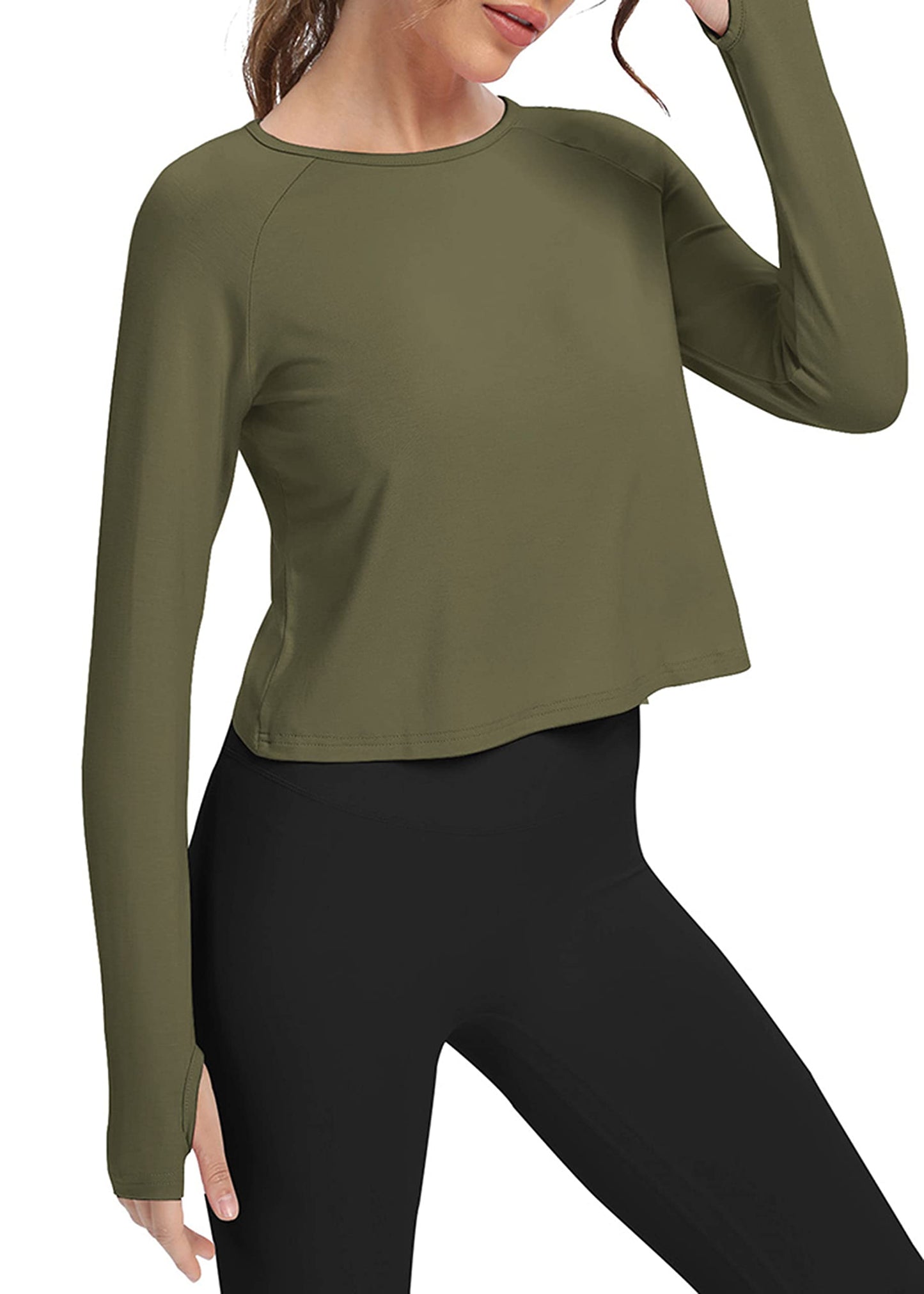 Bestisun Long Sleeve Workout Dance Clothes Split Back Gym Tennis Sports Training Wear Fitness Crop Tops Army Green M