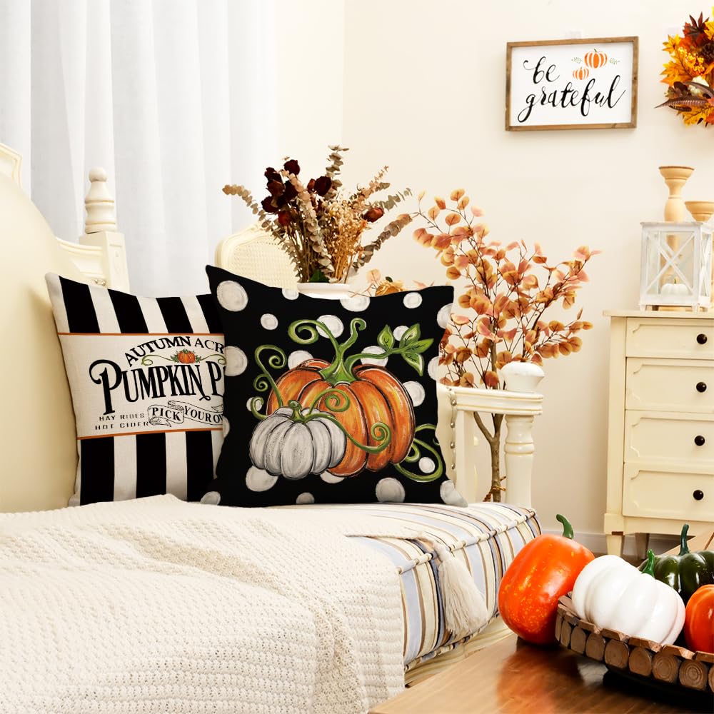 GEEORY Fall Happy Harvest Pumpkin Patch Throw Pillow Covers 18x18 Inch Set of 4, Black Polka Dots Seasonal Autumn Thanksgiving Holiday Decorative Farmhouse Cushion Cases for Home Decoration G664-18