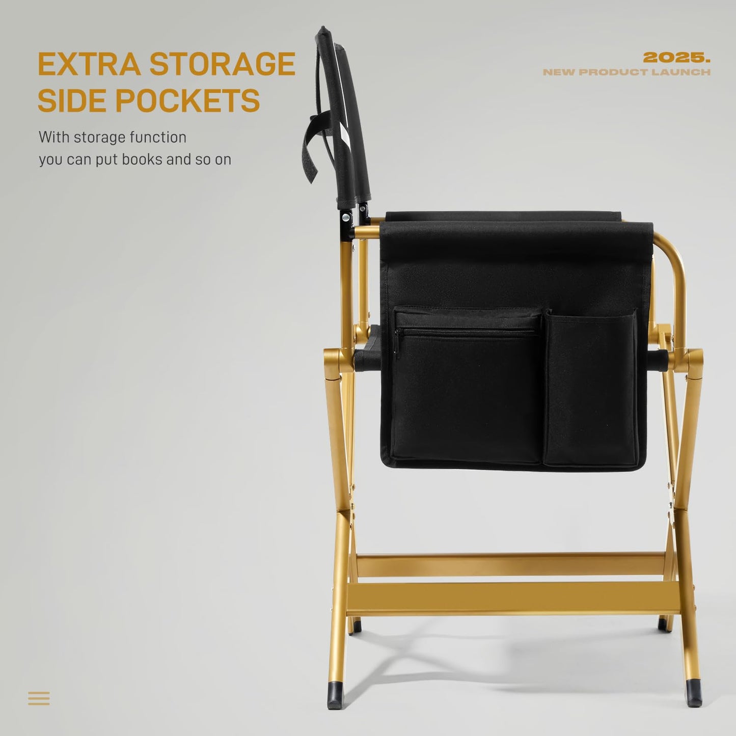 EVER ADVANCED Aluminum Directors Chair, Folding Studio Movie Chairs Camping Event Vendor Chair, 19" Seat Height Black Fabric/Golden Frame, Support 350lbs