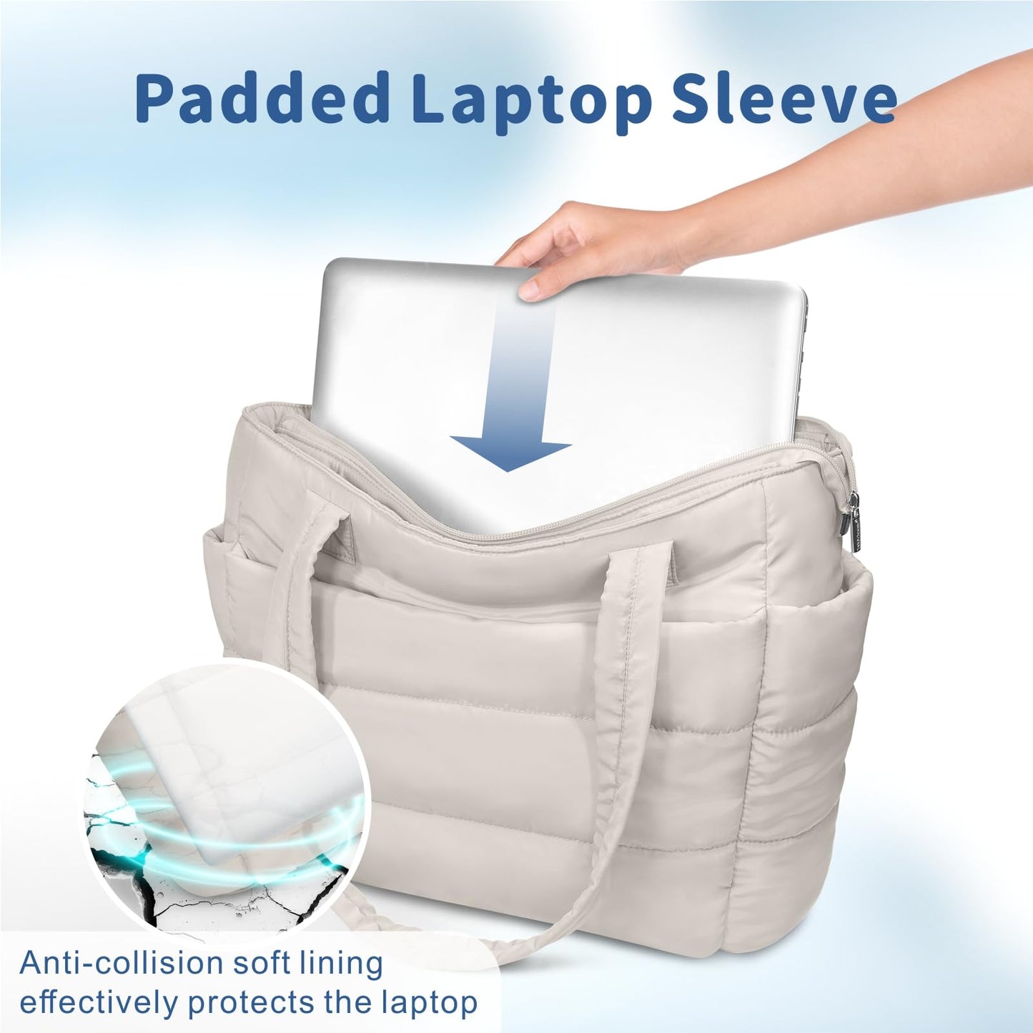 TOPDesign Puffer Tote Bag for Women, Lightweight Puffy Handbag with Compartments & Cosmetic Bag, Quilted Shoulder Bags for Work, Travel, Gym, Gifting (L Light White)