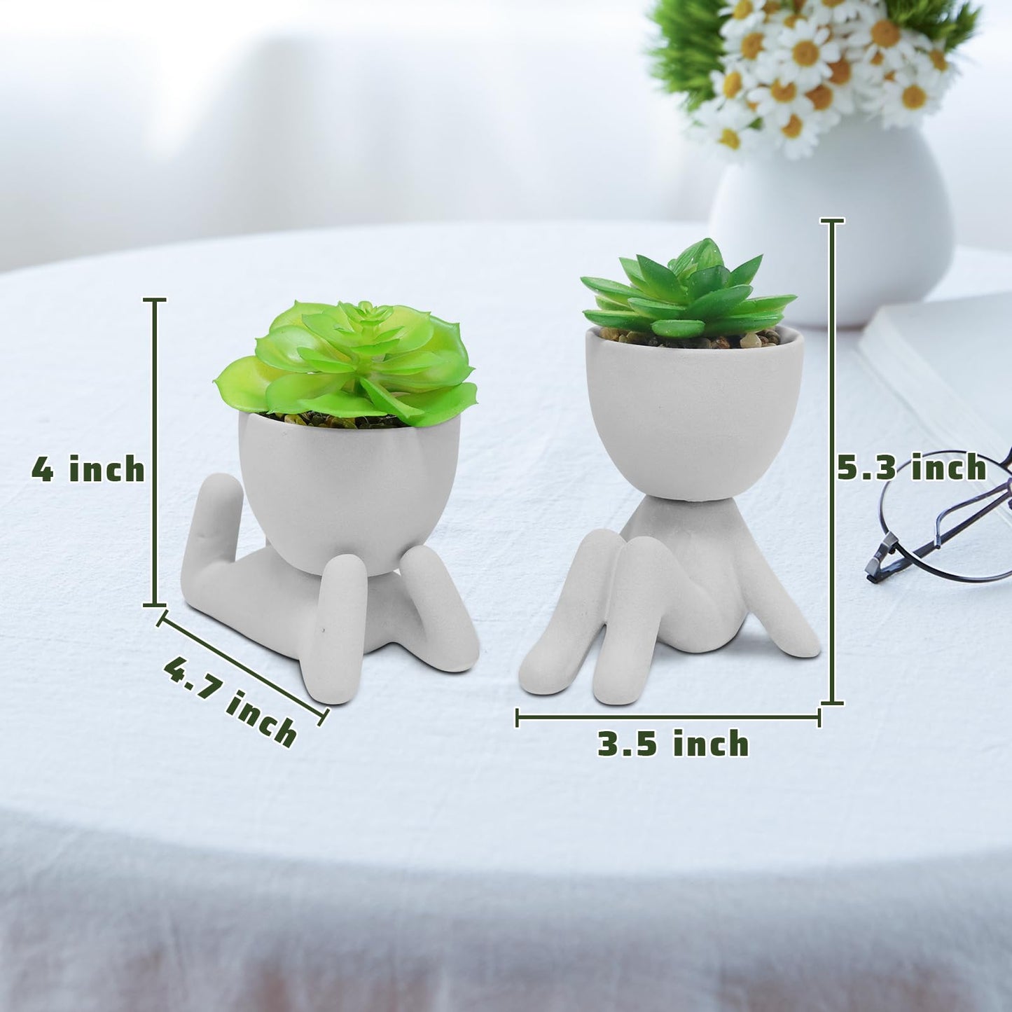 Zerzsy 2PCS Cute Artificial Succulent Plants with Creative Human Shaped Pots, Desk Decoration Artificial Plants Indoor for Home and Office Decor(Cement Gray)
