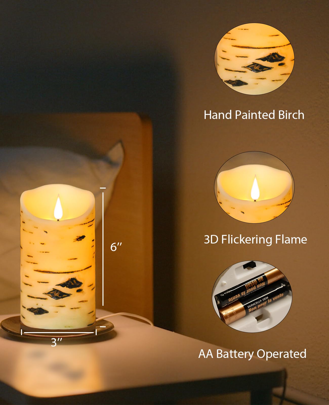 QQFCTOO Flameless Birch Bark Candles Flashing Battery Operated Candles LED Pillar Candles with Remote Control and Timer Set of 3