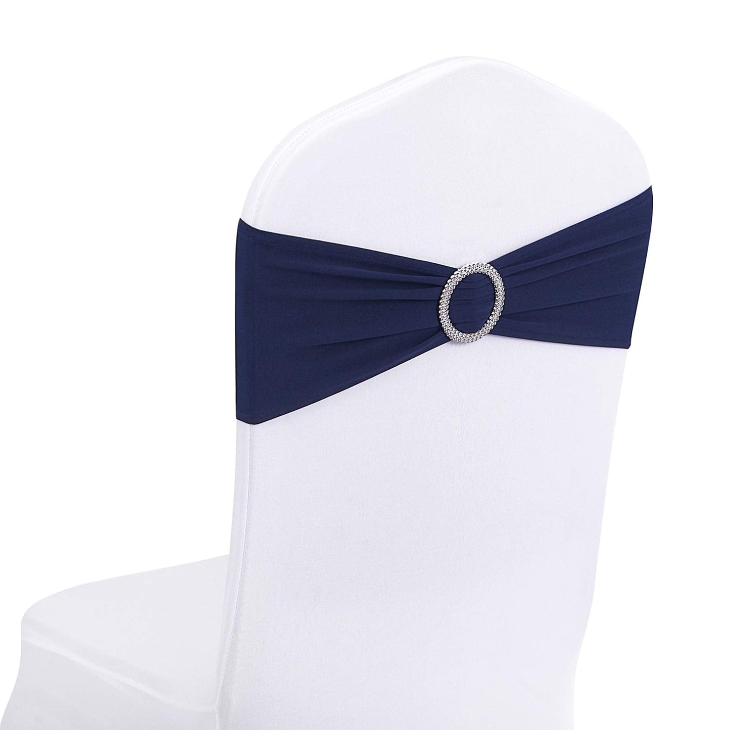 Peomeise 100pcs Navy Spandex Chair Sashes with Buckle Slider for Wedding, Party Decoration