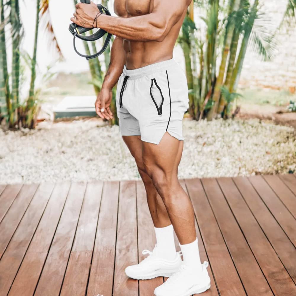 EVERWORTH Men's 3" Inseam Workout Shorts Quick Dry Gym Short Shorts Lightweight Athletic Shorts for Men with Liner and Zipper Pockets White US L
