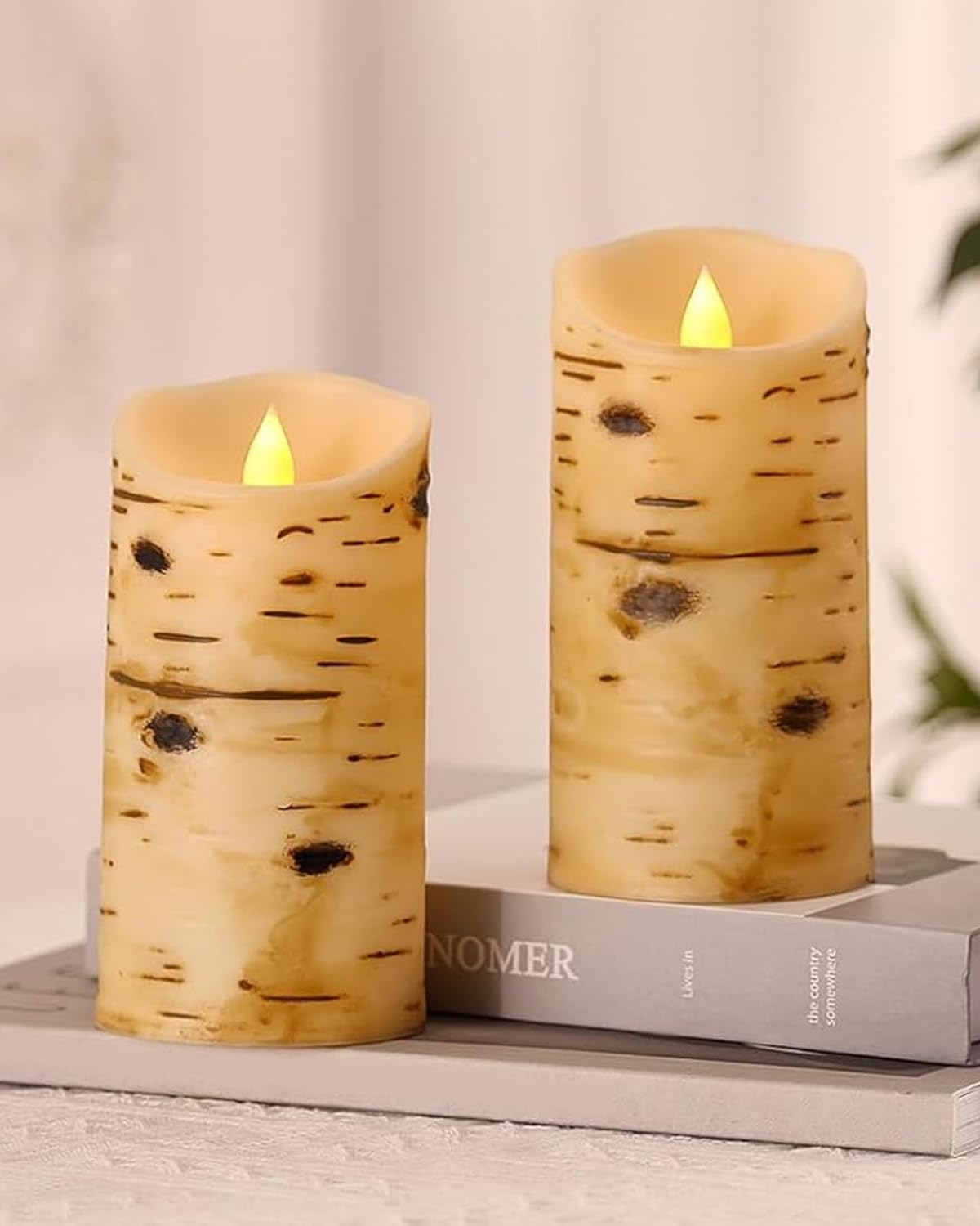 Comenzar Flameless Candles Birch Bark Candle LED Candles Home Decor H: 456" x D: 3.25" Electric Candle Faux Candles with Remote Timer Pack 3