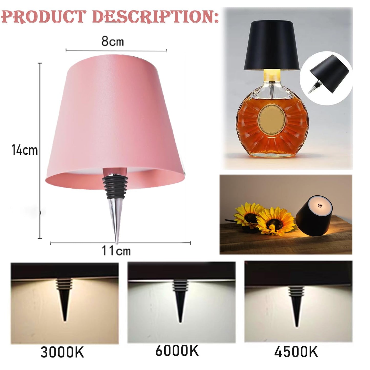 Neioaas Wireless Bottle Lamp,2025 New 3 Color Stepless Dimming Wireless Wine Bottle Lamp, USB Rechargeable Touch LED Wine Bottle Lights for Home,Bar,Camping,Travel(Pink, 1PC)