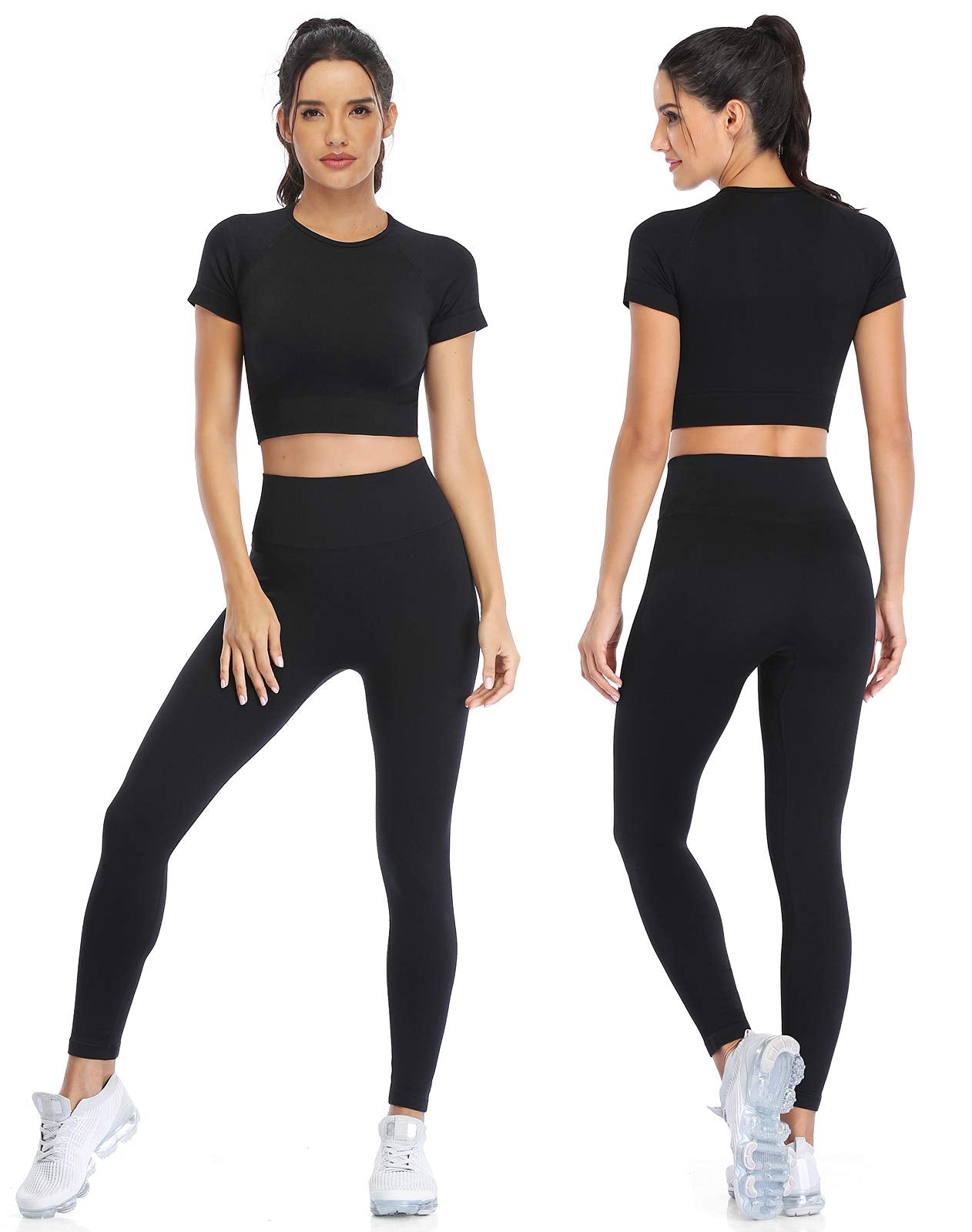 PINKSAVIOR Workout Sets for Women Two Piece Outfits Seamless High Waist Leggings Yoga Crop Tops Athletic Sports Gym Sets(P005L-Black