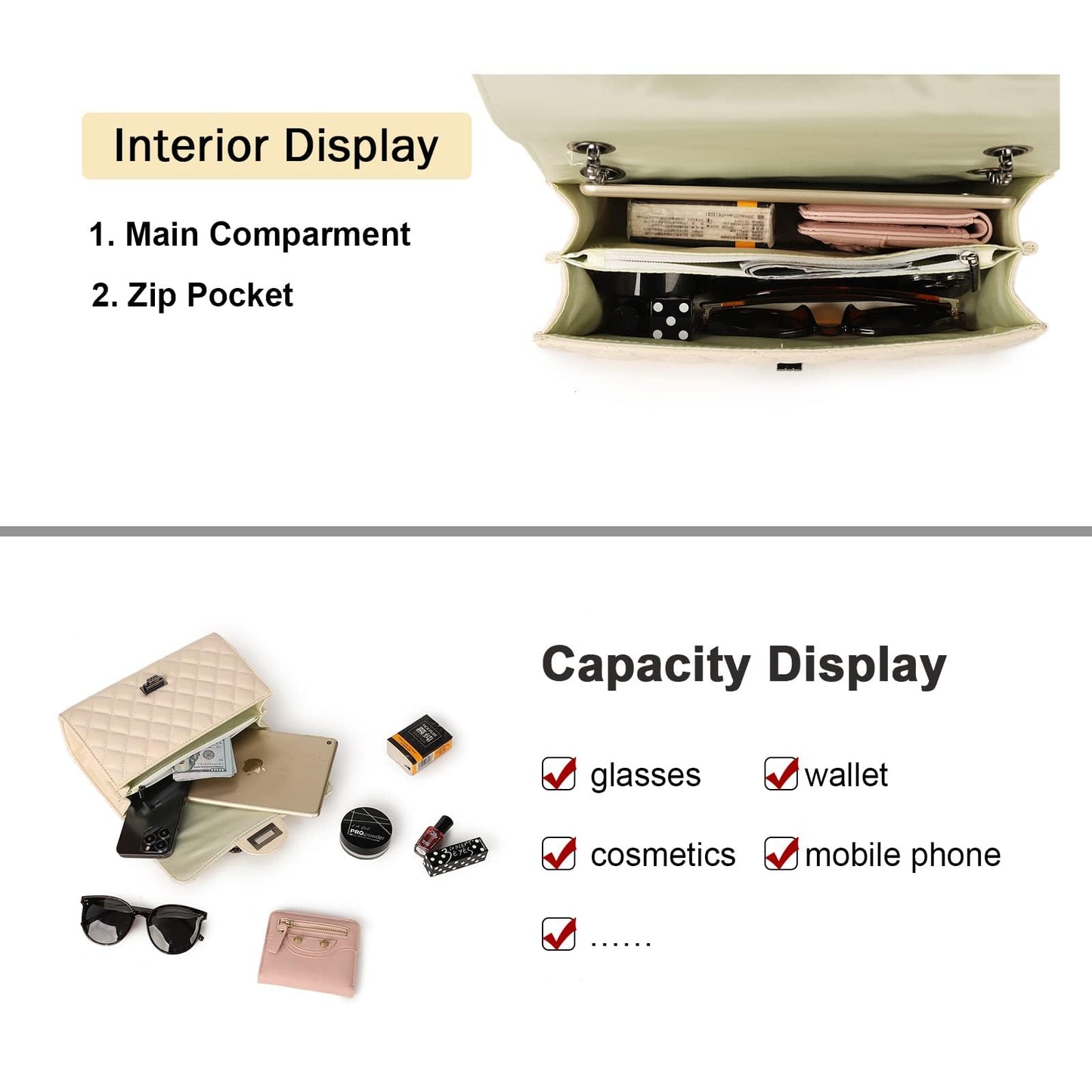 Gladdon Quilted Crossbody Purse for Women Trendy Ladies Shoulder Bag with Chain Designer Purses Beige I