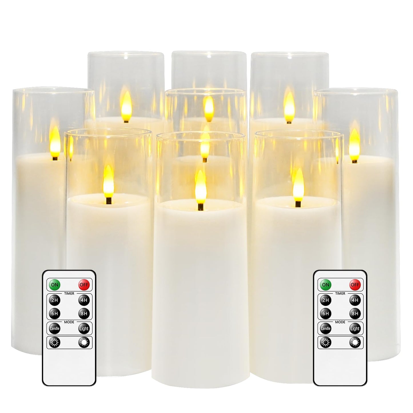 kakoya Flickering Flameless Candles Battery Operated with Remote and 2/4/6/8 H Timer Plexiglass Led Pillar Candles Pack of 9 (D2.3"xH 5"6"7")with Realistic Moving Wick Candles for Home Decor(White)