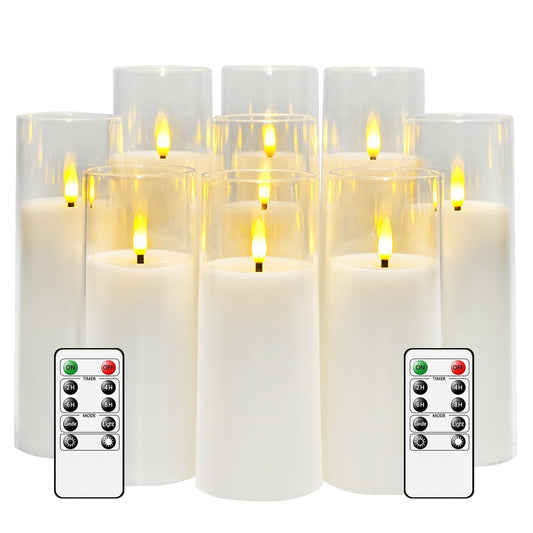 kakoya Flickering Flameless Candles Battery Operated with Remote and 2/4/6/8 H Timer Plexiglass Led Pillar Candles Pack of 9 (D2.3"xH 5"6"7")with Realistic Moving Wick Candles for Home Decor(White)