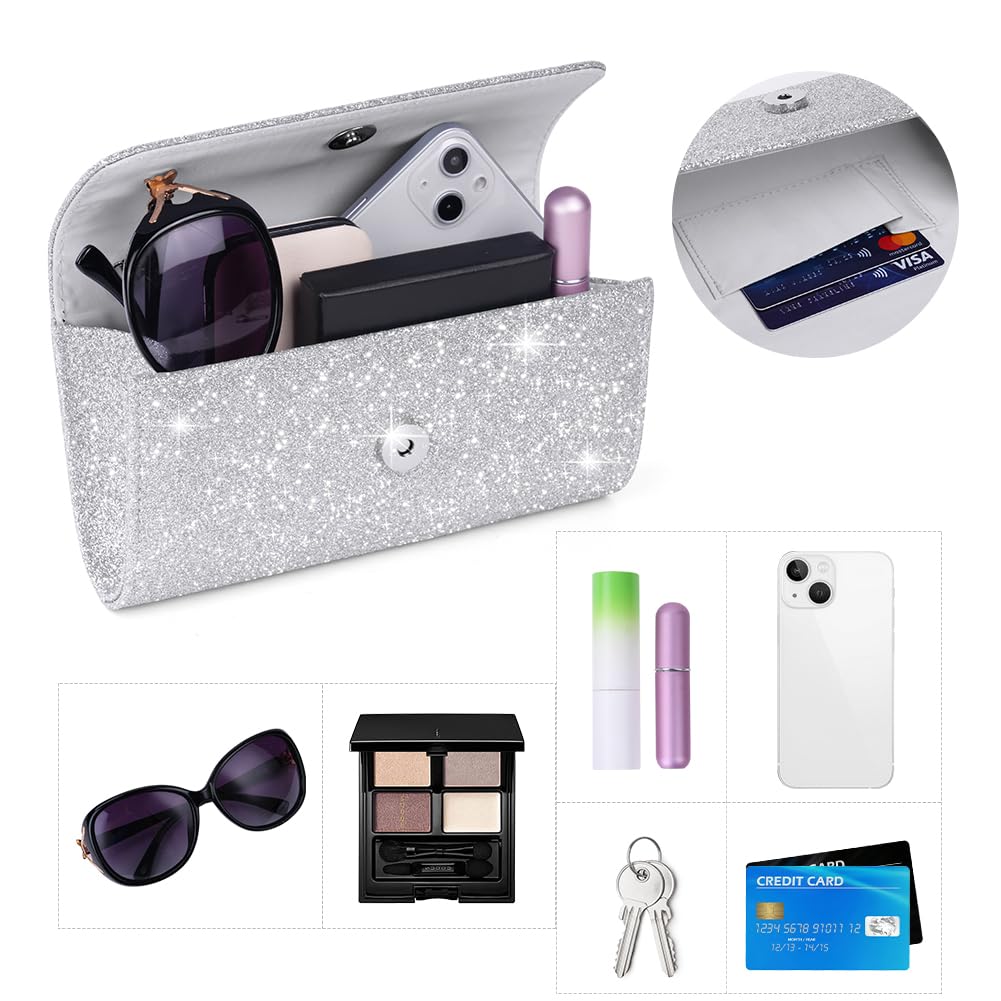 OSDUE Evening Bag Clutch Purses, Rhinestones Purse Silver Sparkling Wedding Party Purse Envelope Evening Bag with Detachable Chain for Women