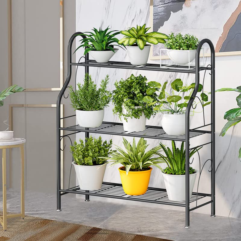 SORCEDAS Plant Stand Indoor Outdoor Plant Stands 3 Tier Metal Corner Plant Shelf Multiple Holder for Living Room Balcony Garden, Dark Grey