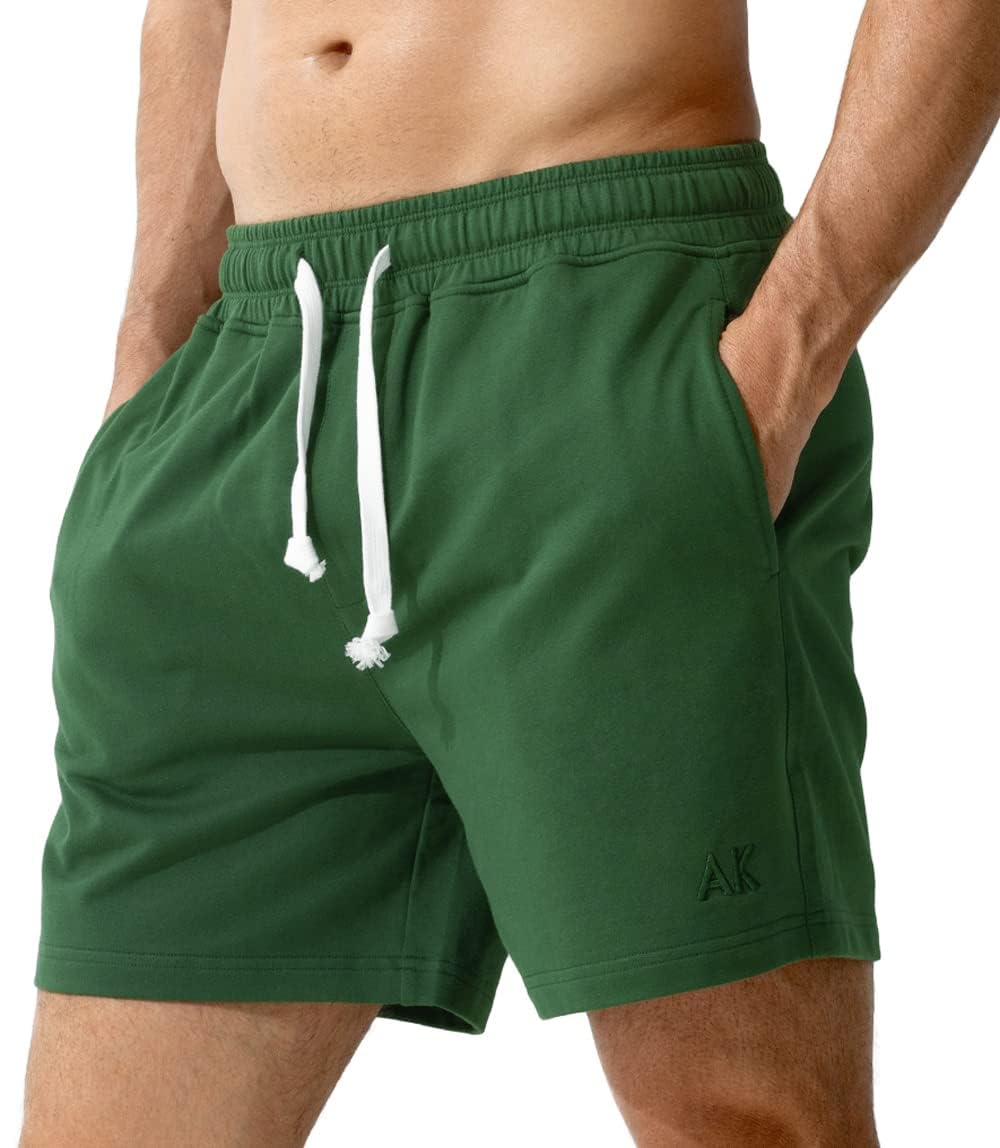 Arjen Kroos Men's Sweat Cotton Shorts 5 Inch Running Shorts with Zipper Pockets,Army GREEN-AK2218,Large