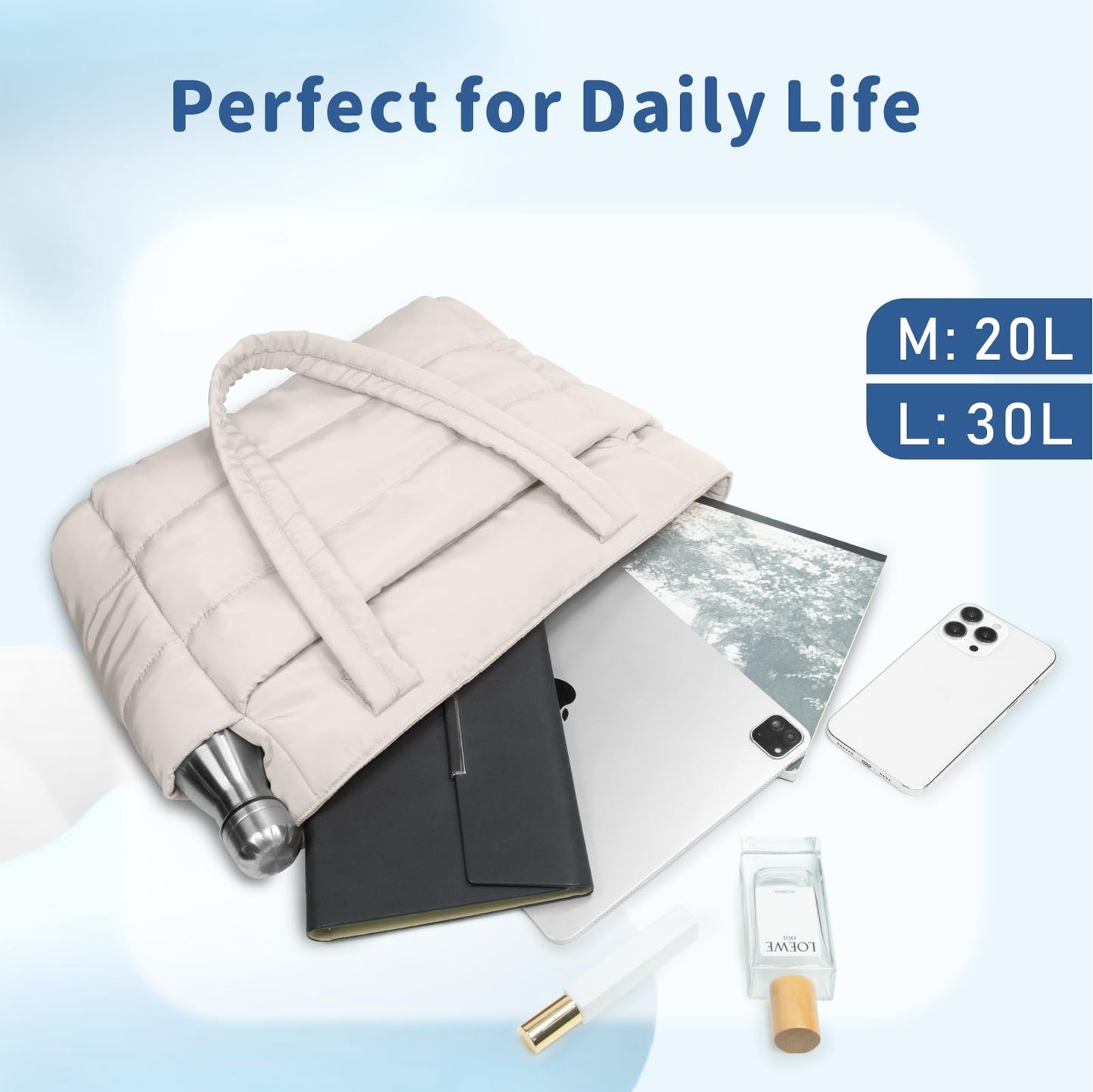 TOPDesign Puffer Tote Bag for Women, Lightweight Puffy Handbag with Compartments & Cosmetic Bag, Quilted Shoulder Bags for Work, Travel, Gym, Gifting (L Light White)