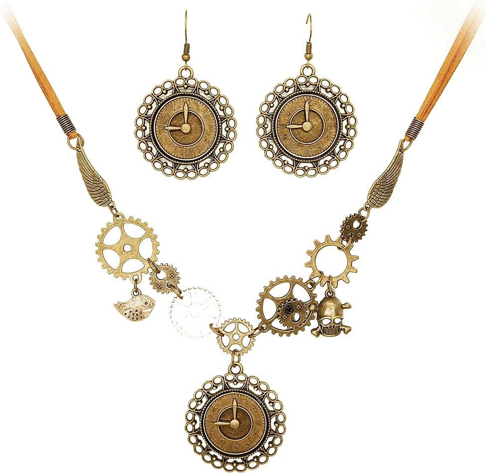 Juland Steampunk Gears Pendant Statement Necklace Vintage Bronze & Silver Watch Clock Clockwork Hand Gear Cog Handmade Kinetic Winged Gear Necklace and Earring Set - Y503
