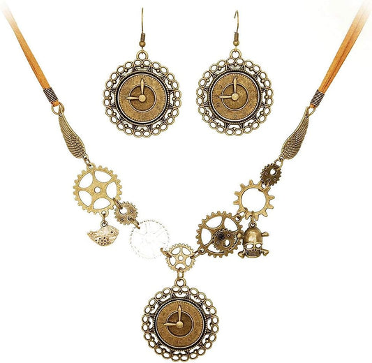 Juland Steampunk Gears Pendant Statement Necklace Vintage Bronze & Silver Watch Clock Clockwork Hand Gear Cog Handmade Kinetic Winged Gear Necklace and Earring Set - Y503