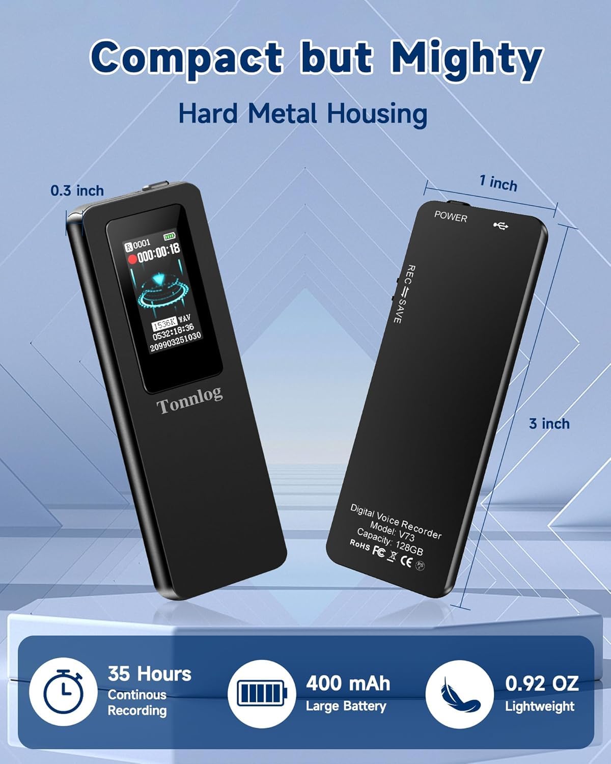 128GB Digital Voice Recorder, Tonnlog 1536Kbps Voice Activated Recorder with Playback, HD Noise Reduction for Lectures Interviews Meetings Classes