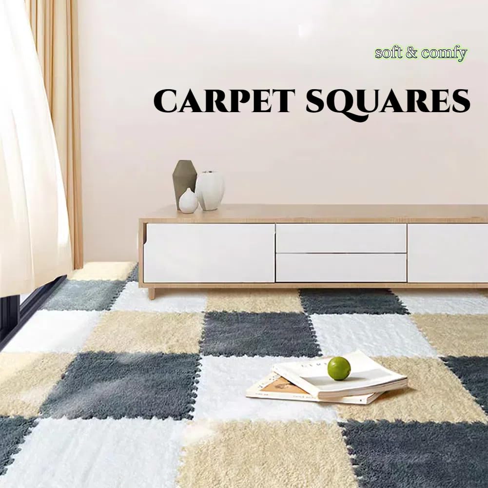 12 Pcs Plush Foam Interlocking Carpet Tiles,Soft Shaggy Fluffy Floor Area Rugs with Padding,Colorful Floor Protective Mats for Home Kids Room Playroom (White and Black, 11.8 x 11.8 x 0.39)