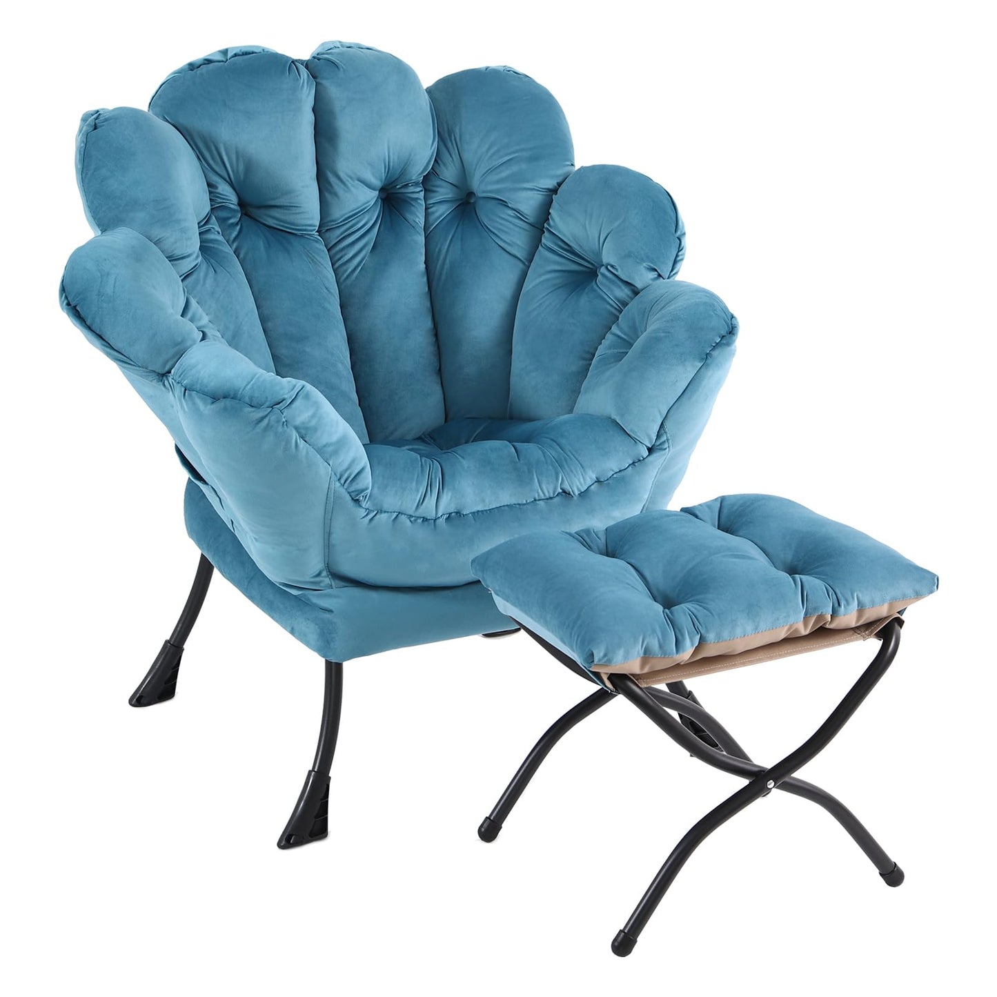 Furlide Lazy Chair with Ottoman, Modern Floral Reading Chair with Folding Footrest, Lounge Accent Chairs, Comfortable Oversized Armchairs for Bedroom, Living Room, Courtyard, Velvet Light Blue
