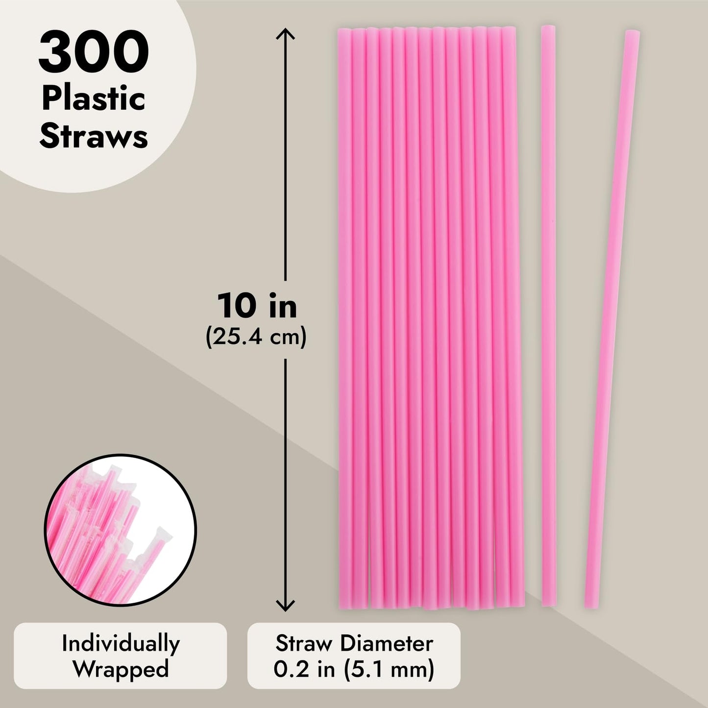 Juvale 300 Pack Pink Plastic Straws for Birthday Party, Baby Shower, Weddings and Gatherings - 10 Inches Long Fun Pink Straws Plastic for Cocktails, Coffee, Juice, Water, Iced Tea and More