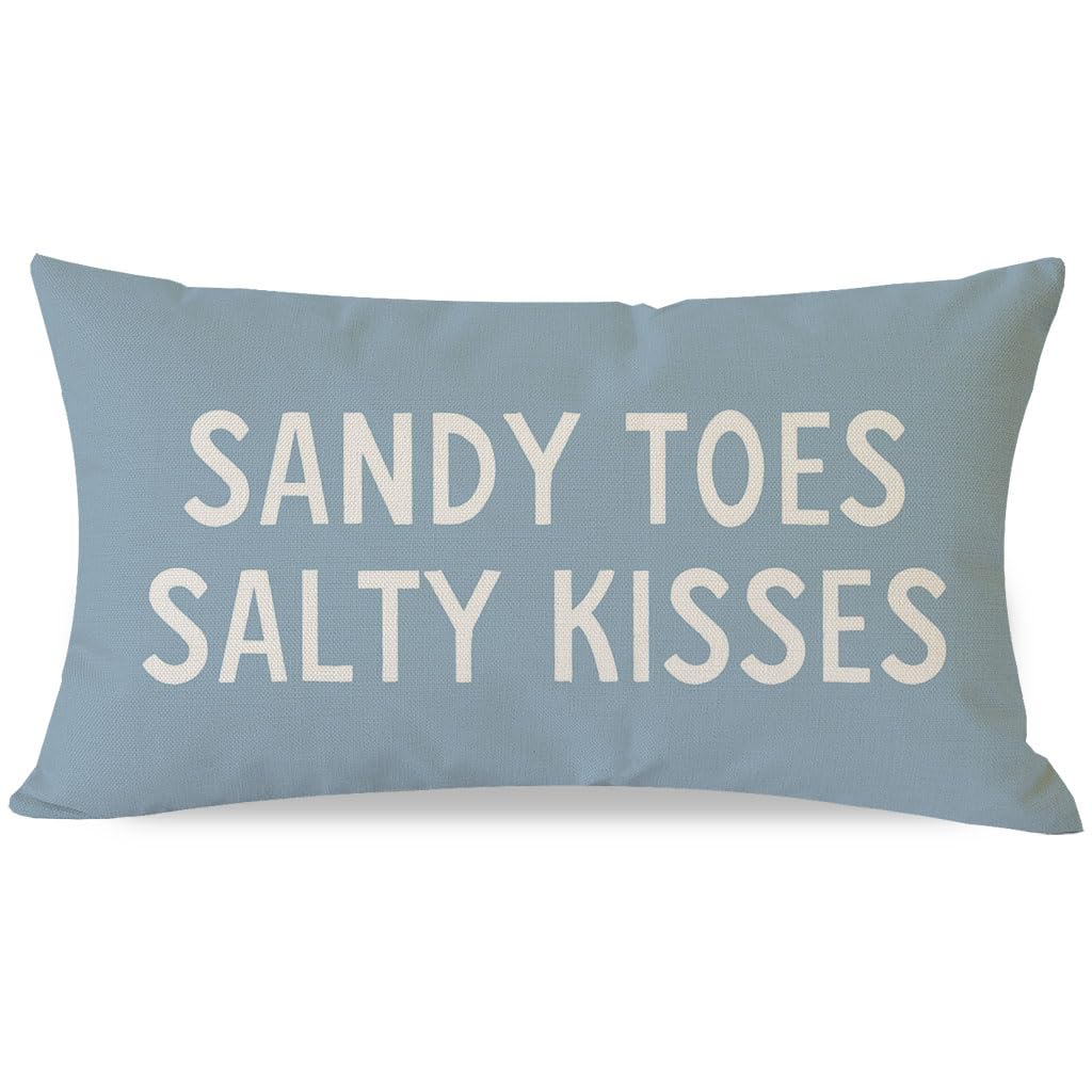 PANDICORN Summer Beach Throw Pillow Covers 12x20 Inch Sayings Sandy Toes and Salty Kisses Nautical Pale Blue Outdoor Decorations Lumbar Decorative Cushion Case for Home Living Room Sofa Couch Decor