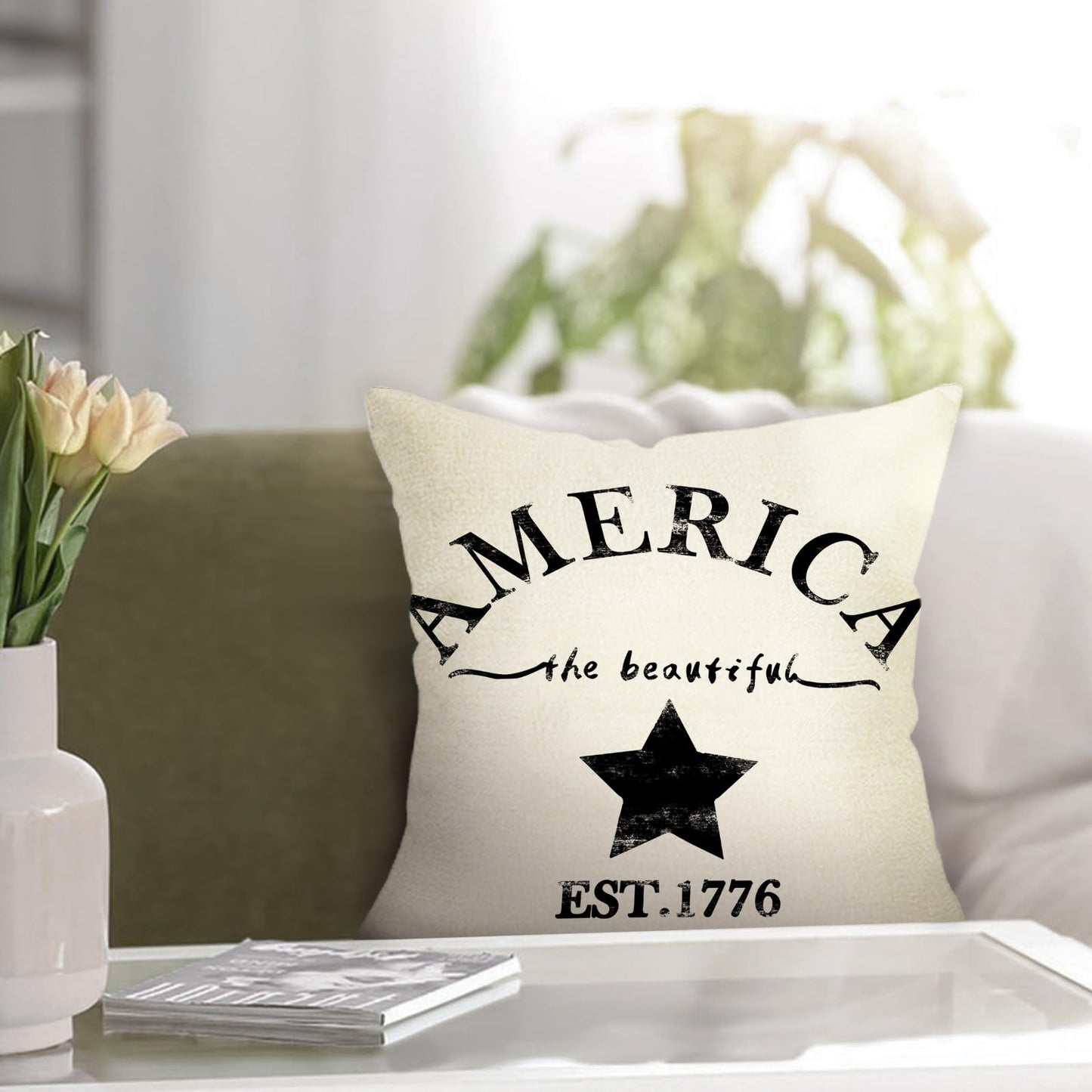 Fjfz July 4th Farmhouse Decorative Throw Pillow Cover America Est. 1776 Patriotic Sign Decoration Rustic Home Decor Cotton Linen Cushion Case for Sofa Couch, 18" x 18"