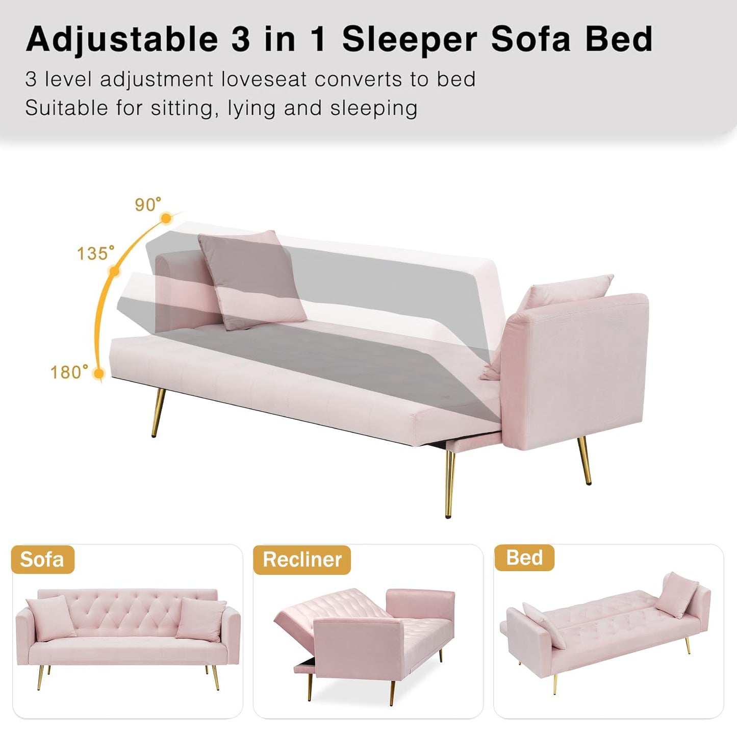 71" Modern Velvet Sofa Bed Futon, Convertible Sleeper Couch with Adjustable Backrest, Tufted Recliner Loveseat with Golden Chrome Legs & 2 Pillows for Small Spaces, Living Room, Apartment (Pink)
