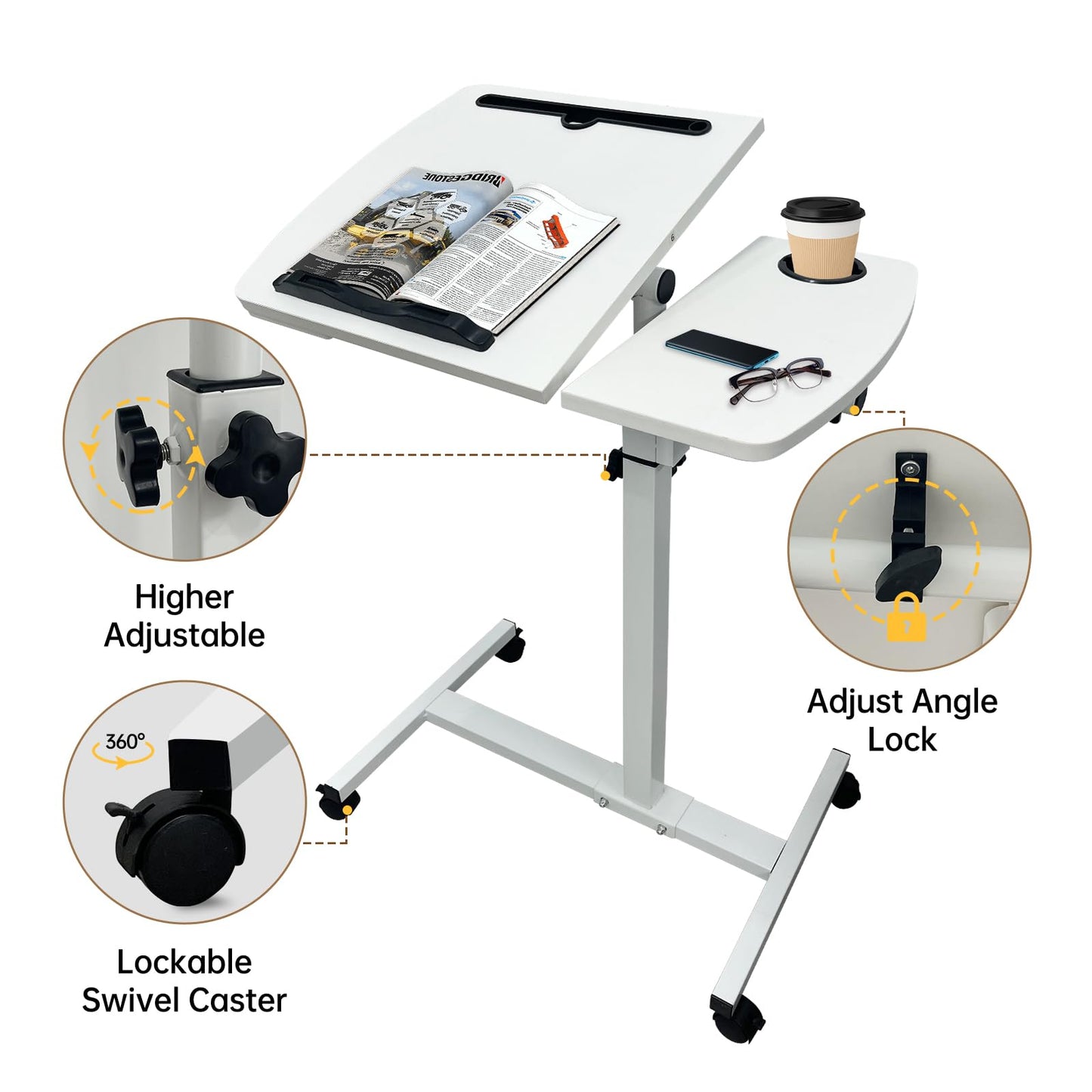 DOKKOME Medical Adjustable Overbed Bedside Table with Wheels, Mobile Standing Desk Laptop Computer Cart with Phone Holder and Drawer for Hospital and Home Use