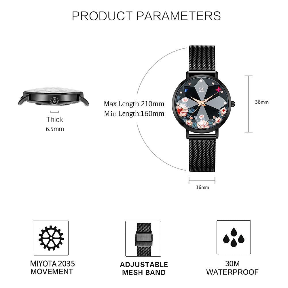 SHENGKE Creative Starry Star Women Watch with Stainless Steel Mesh Band Genuine Leather Elegant Luxury Ladies Watches (Flower-Mesh Band-Black)