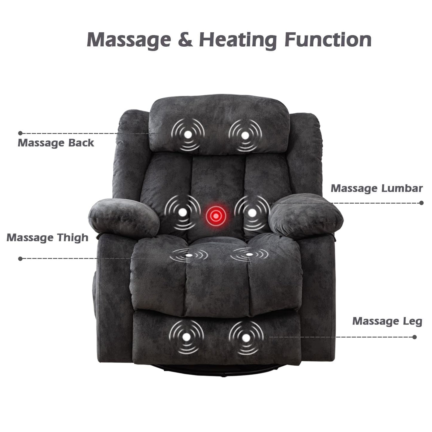 CANMOV Massage Swivel Rocker Recliner Chair with Heat and Vibration, 360 Degree Swivel Manual Recliners Antiskid Fabric Single Sofa Heavy Duty Reclining Chair for Living Room, Grey