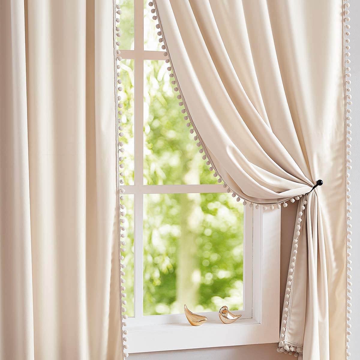 Pom-Pom Cream Velvet Curtains for Living Room 63inch Length Luxury Heavy Ivory Window Drapery for Bedroom Kids Children Room Rod Pocket 42" w x 2Panels