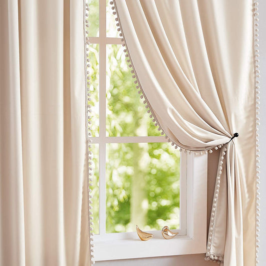 Pom-Pom Cream Velvet Curtains for Living Room 63inch Length Luxury Heavy Ivory Window Drapery for Bedroom Kids Children Room Rod Pocket 42" w x 2Panels