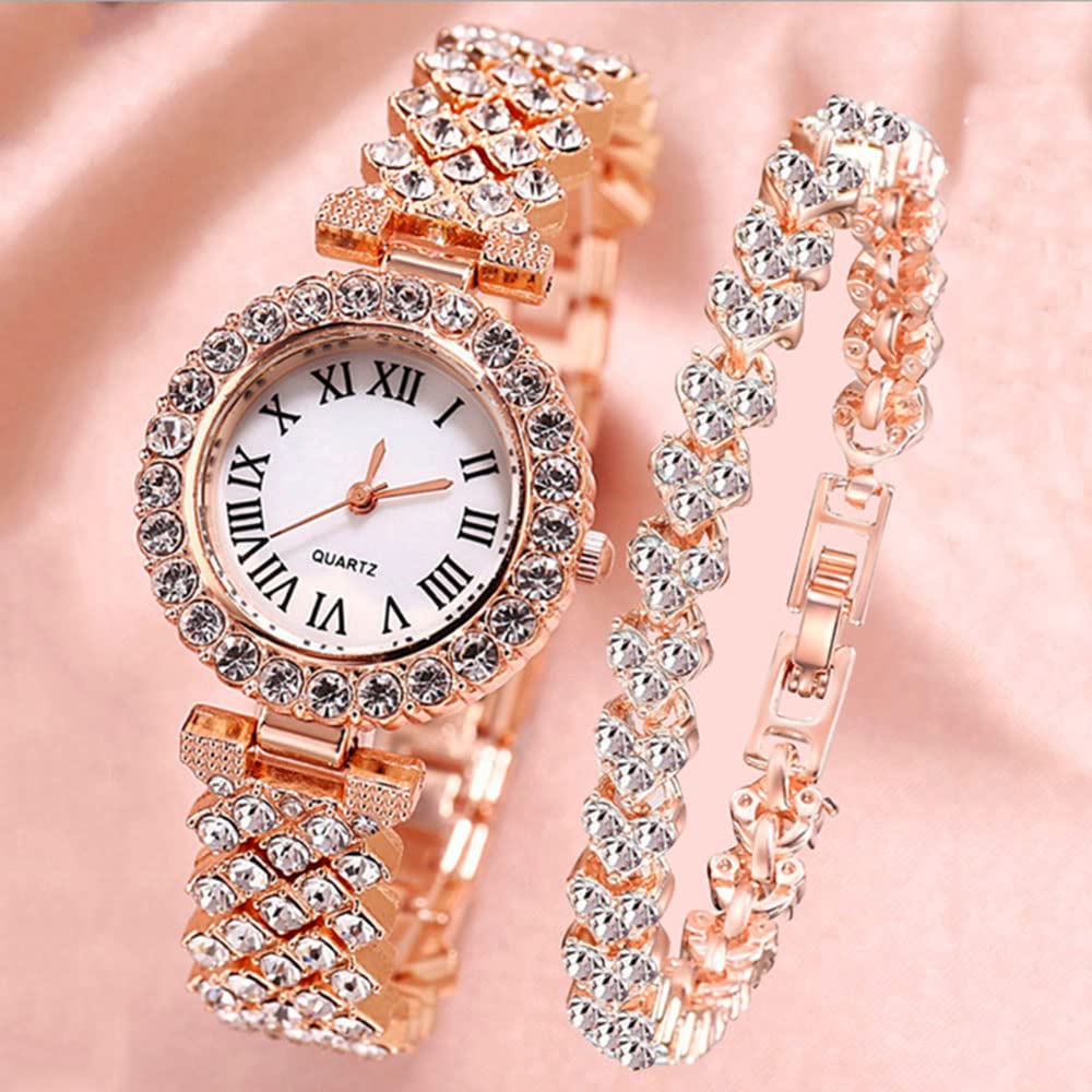ADSBIAOYE Luxury Women Wrist Watches Diamond Bracelet Watch Fashion Casual Quartz Watch Ladies Watches (03 Rose Gold)