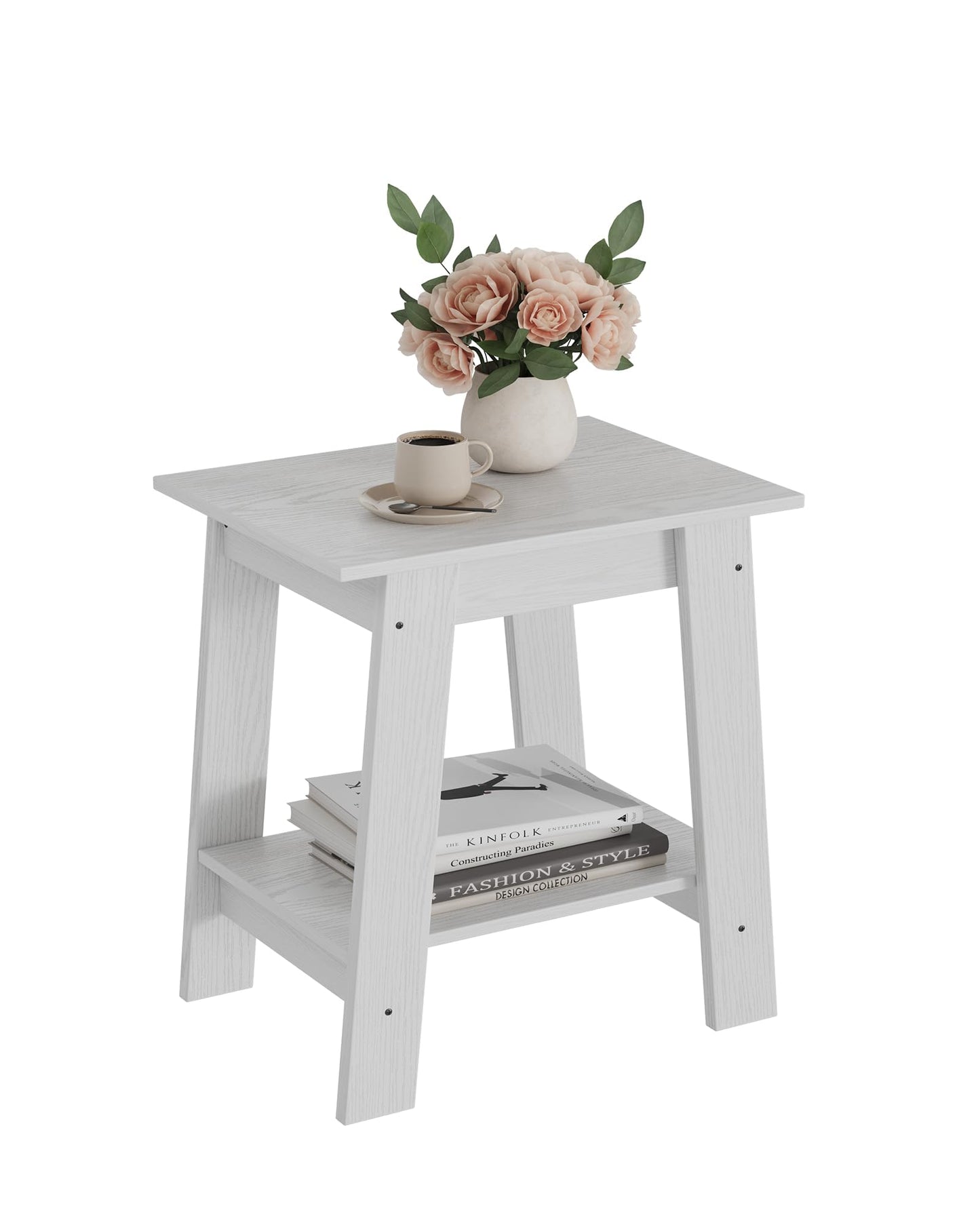 IDEALHOUSE End Table, Narrow Side Table with 2 Tier Storage Shelf, Small Space Side Table for Farmhouse Bedroom, Studio Apartment, Entryway, White
