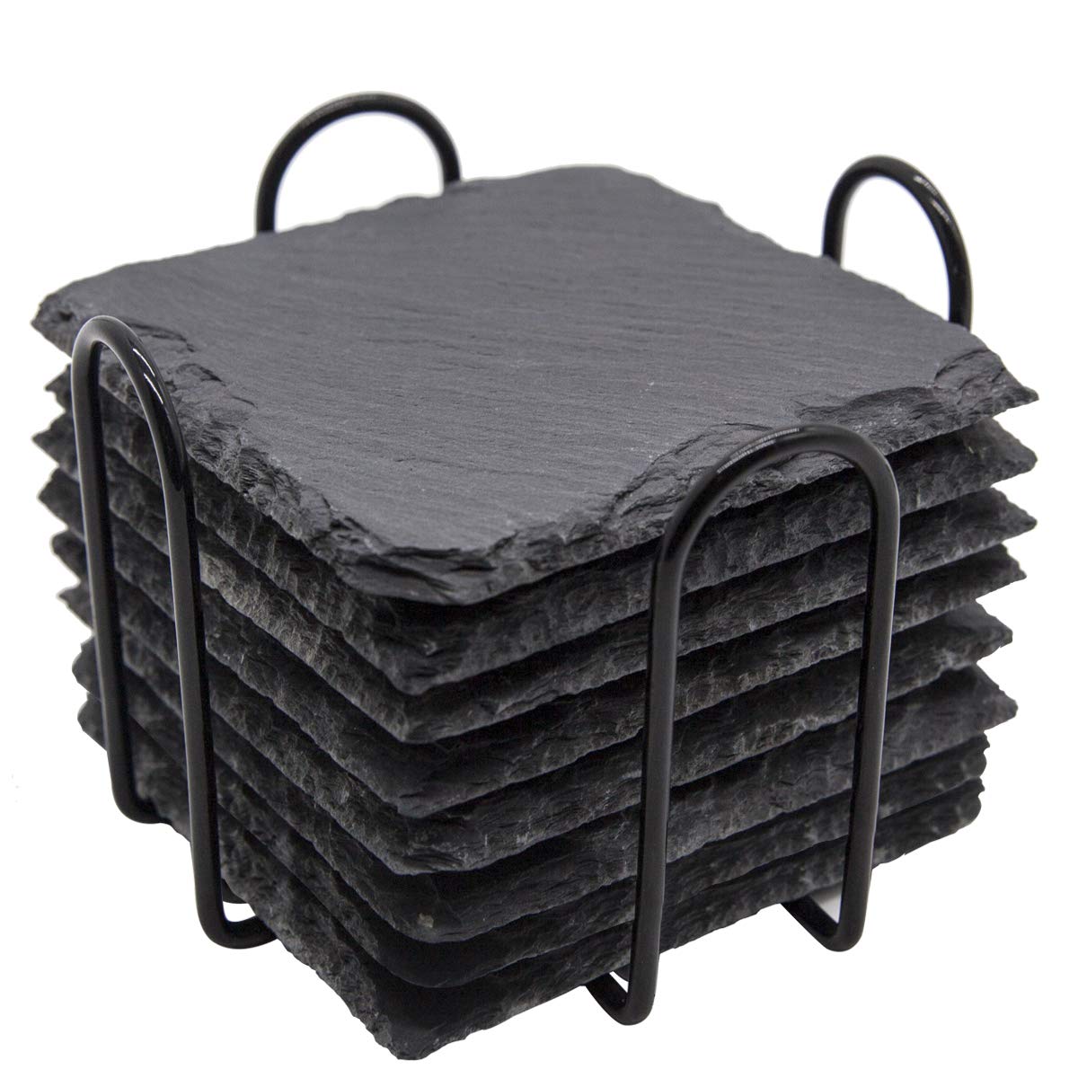 Slate Drink Coasters with Metal Holder, GOH DODD Set of 8 Black Coasters, 4 Inch Stone Coaster Set Tabletop Protection for Home Kitchen Apartment Bar Decor Housewarming Gifts Wedding Party, Round