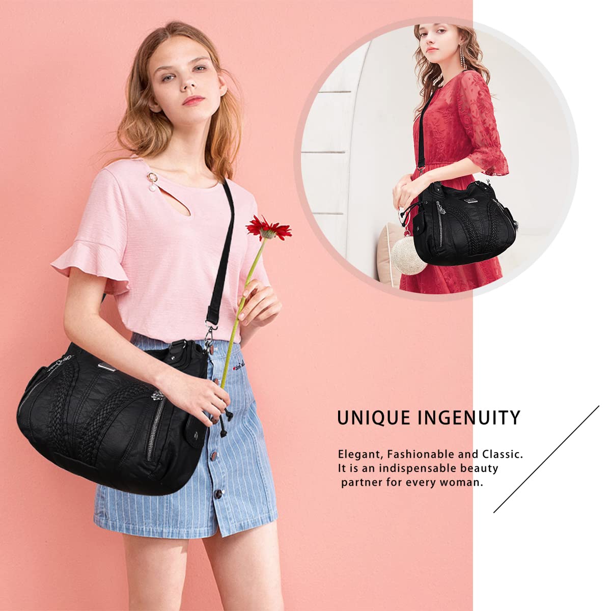 Purses and Handbags Women Fashion Tote Bag Shoulder Bags Top Handle Satchel Purses Washed Synthetic Leather Handbag 1-2#black 13.8 * 4.7 * 11.8 inches