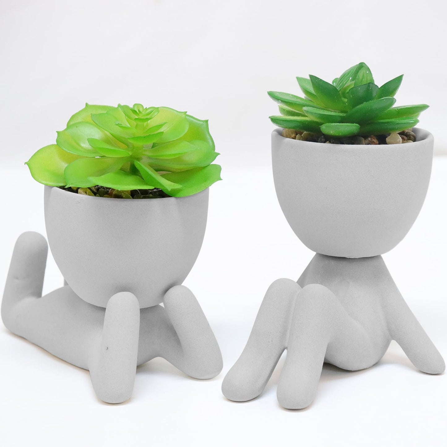 Zerzsy 2PCS Cute Artificial Succulent Plants with Creative Human Shaped Pots, Desk Decoration Artificial Plants Indoor for Home and Office Decor(Cement Gray)