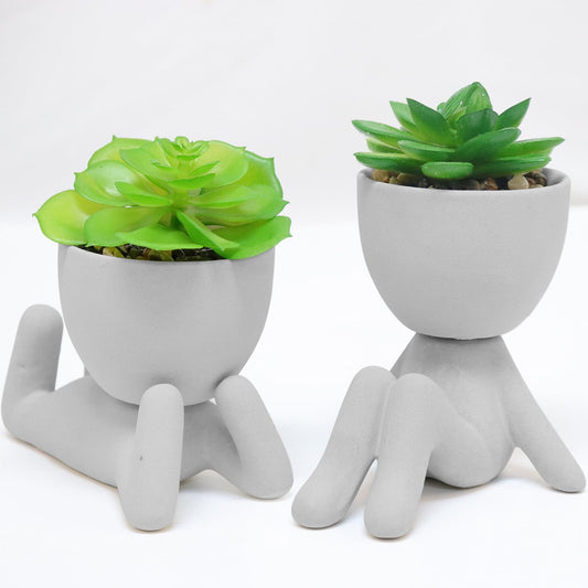 Zerzsy 2PCS Cute Artificial Succulent Plants with Creative Human Shaped Pots, Desk Decoration Artificial Plants Indoor for Home and Office Decor(Cement Gray)