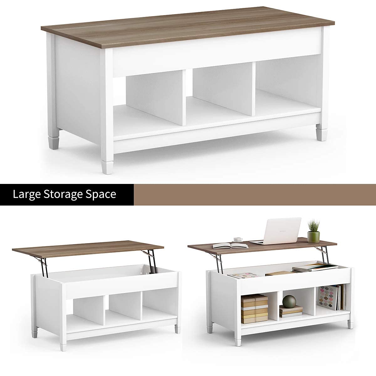 Tangkula Wood Lift Top Coffee Table, Modern Tea Storage with Hidden Compartment and Open Storage Shelf for Living Room Office Reception Room, Lift Center Table (White)